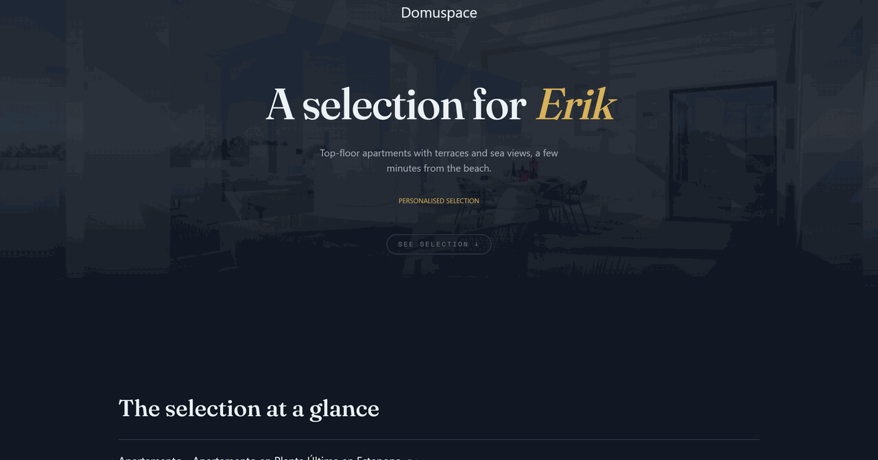 Cover of a Domuspace property dossier: a personalised selection for the client