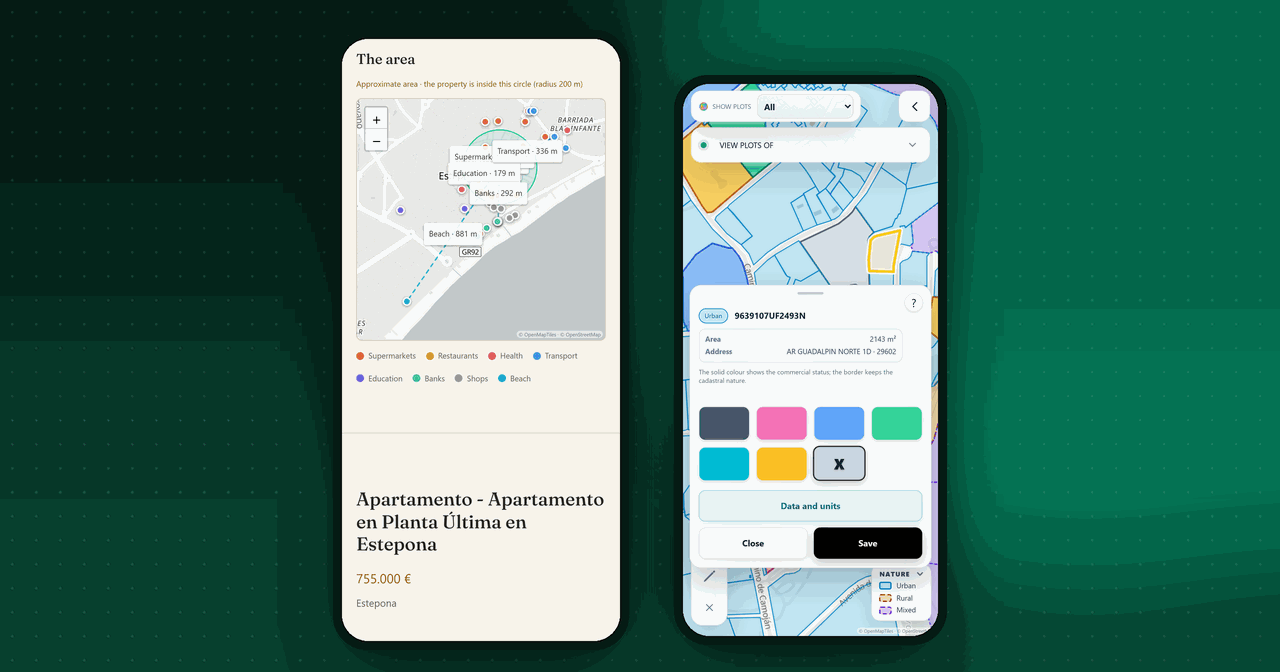 A home’s surroundings with distances to amenities and a plot card on the cadastral map, on two phones