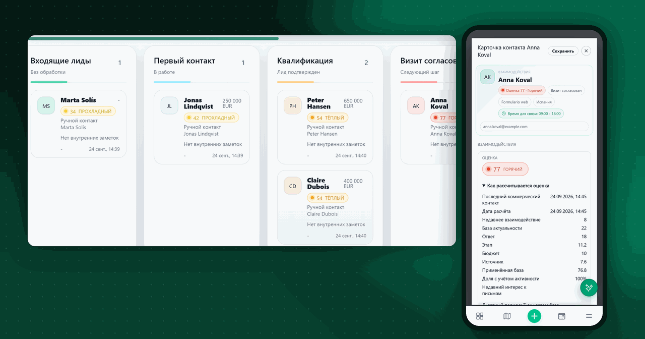 Карточки лидов с оценкой в Domuspace и на телефоне расшифровка расчёта оценки