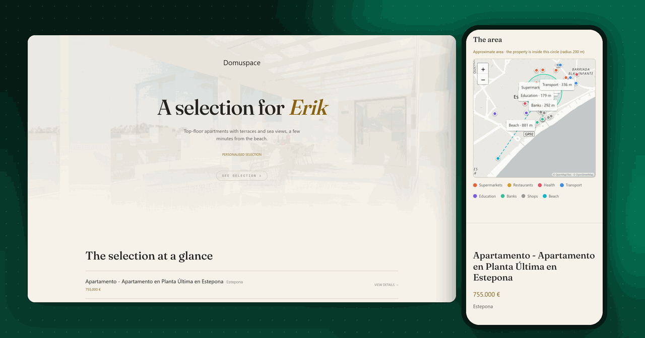 A Domuspace property dossier on desktop and on the phone
