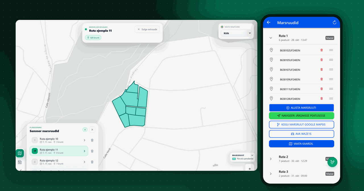 Hankimisteekond kruntidel arvutis ja teekonna peatuste loend telefonis Domuspace’is