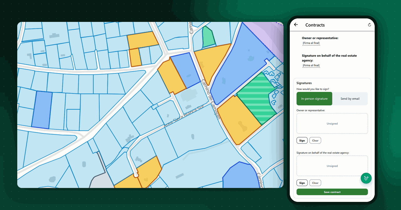 Domuspace cadastral map with plots coloured by sales status and, on the phone, a contract being signed
