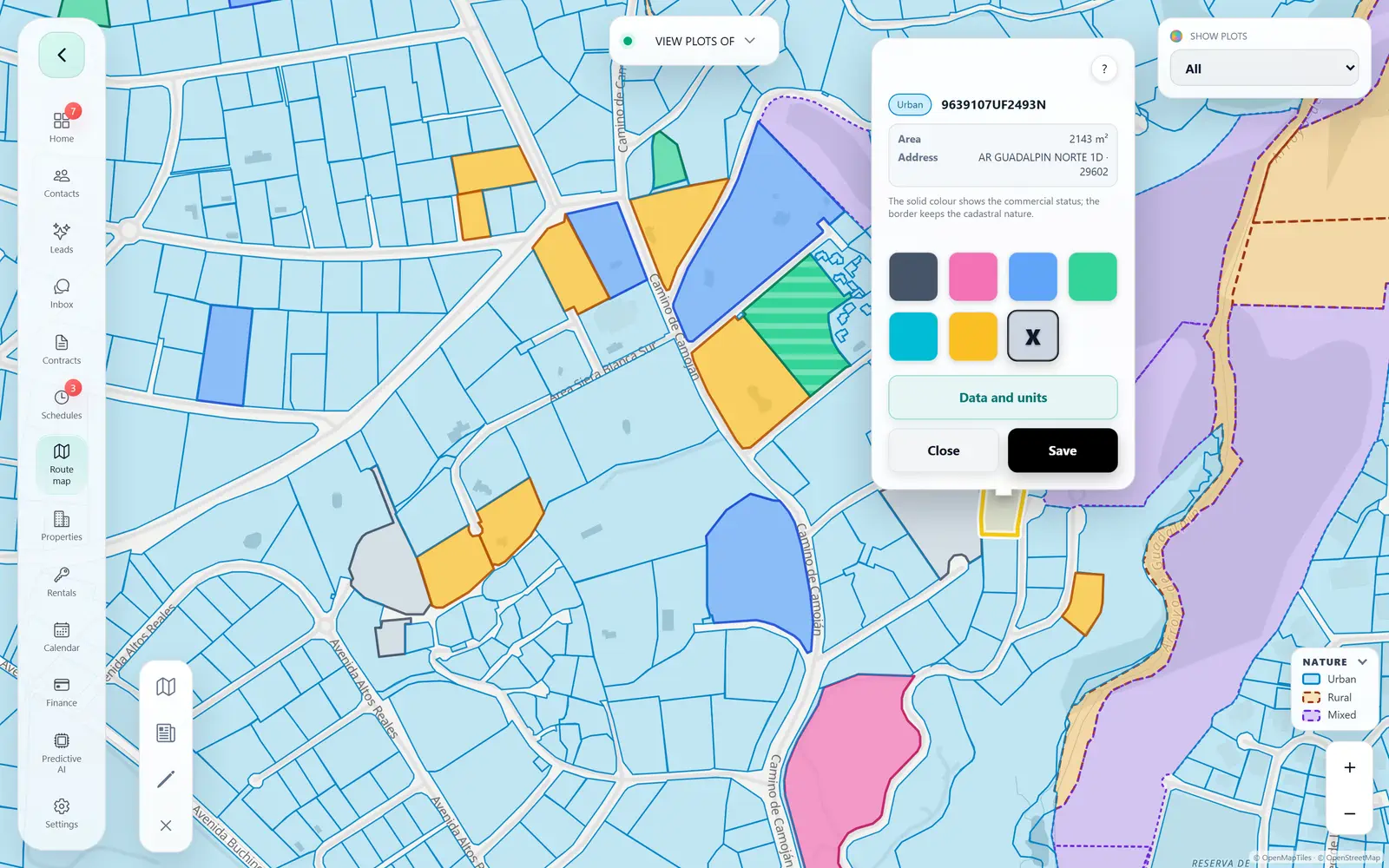 Domuspace cadastral map at street level, with parcels coloured by sales status and one parcel’s card open with its cadastral reference