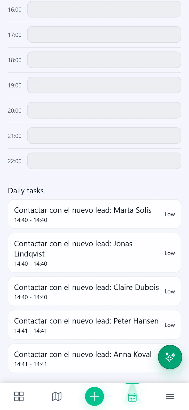 The day planner on a phone, with the list of tasks the app created to contact the new leads