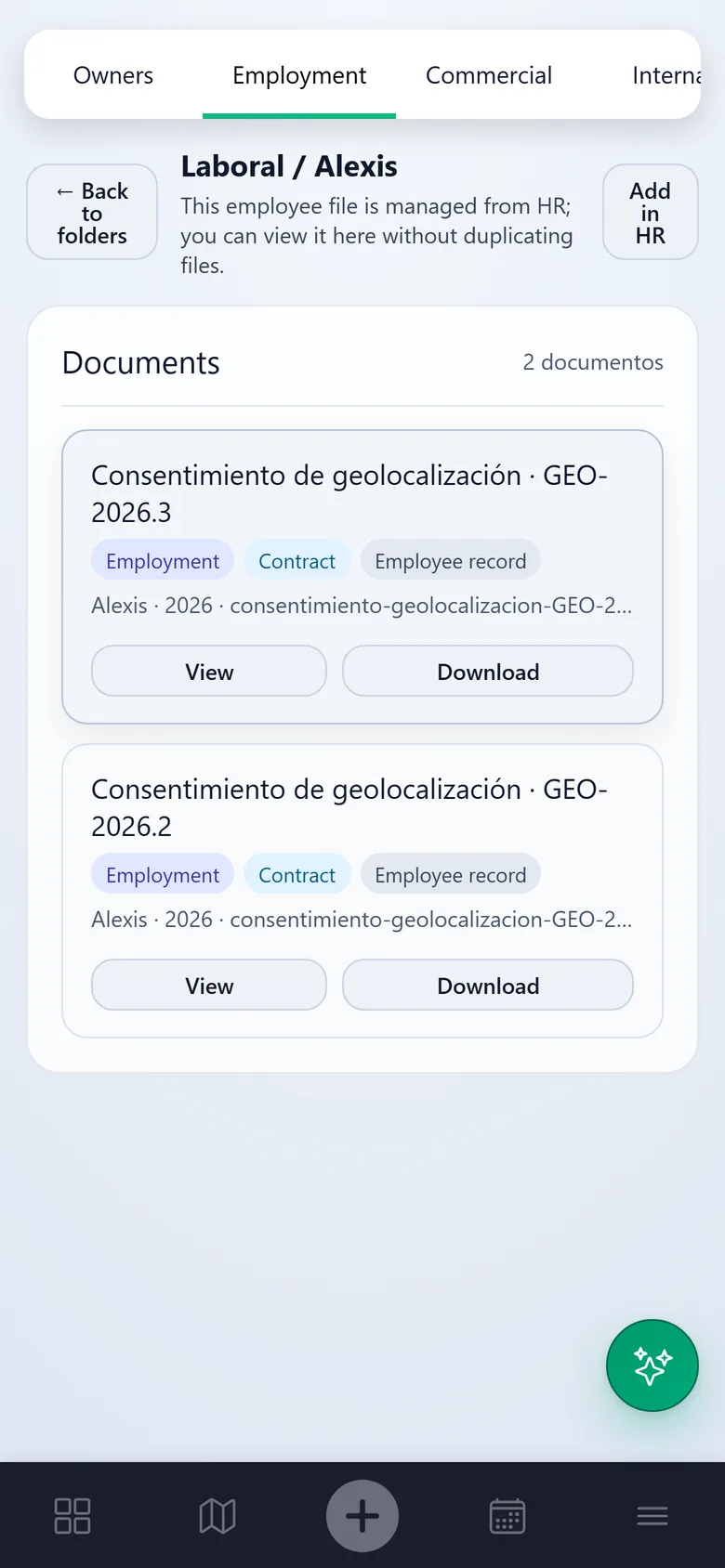 A worker’s employment folder on a phone, with its documents and buttons to view or download them