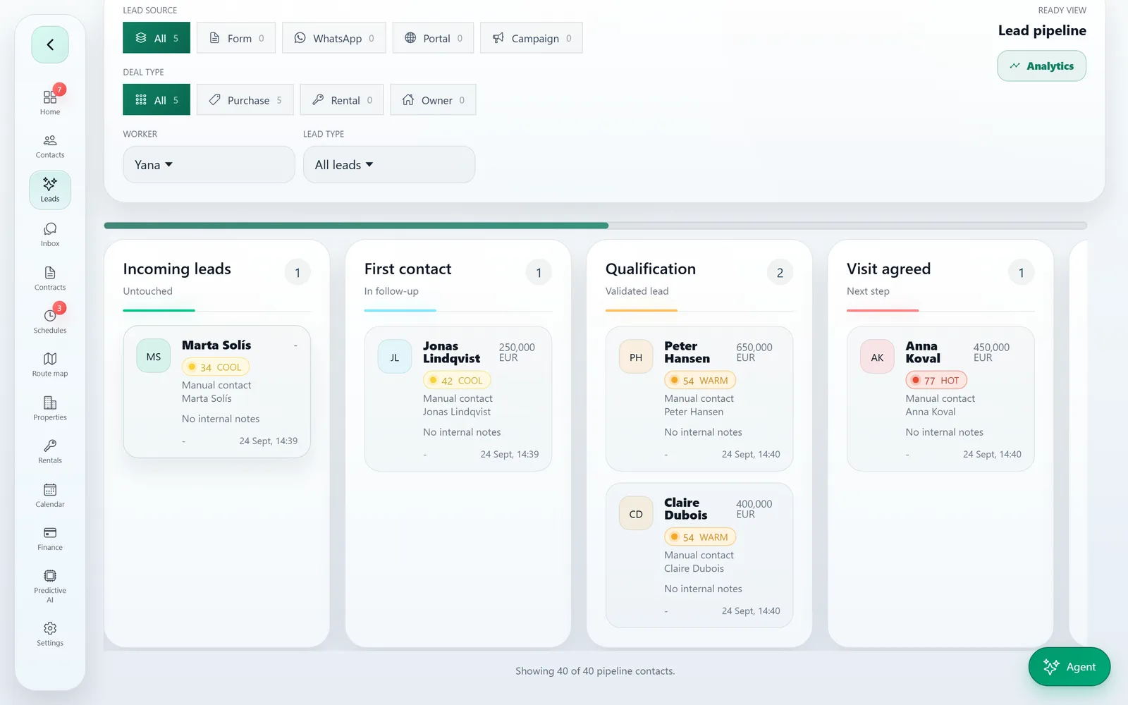 Domuspace real estate CRM lead board, with the pipeline stages and each lead’s score: cool, warm or hot