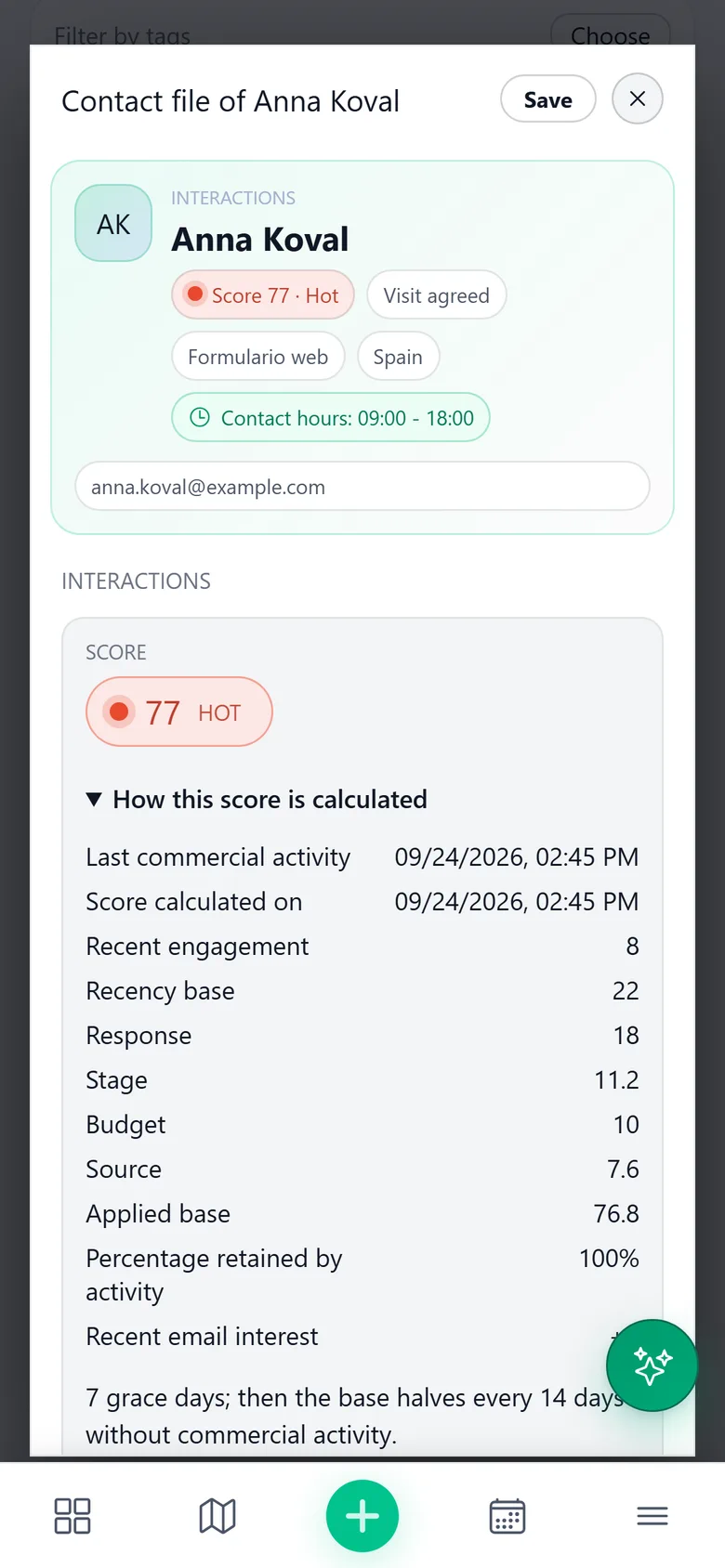 A lead’s record on a phone with its “Hot” score and the breakdown of how it is calculated: recent activity, response, stage, budget and source