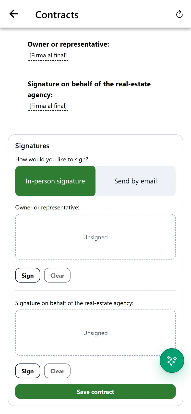 In-person contract signing on a phone, with boxes for the owner’s and the agency’s signatures and a button to save the contract