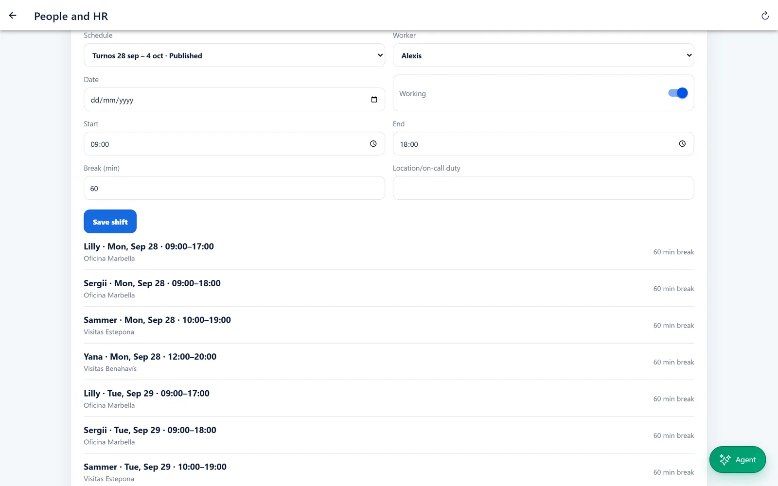 A published shift schedule in the Domuspace HR module, with each worker’s hours, location and break