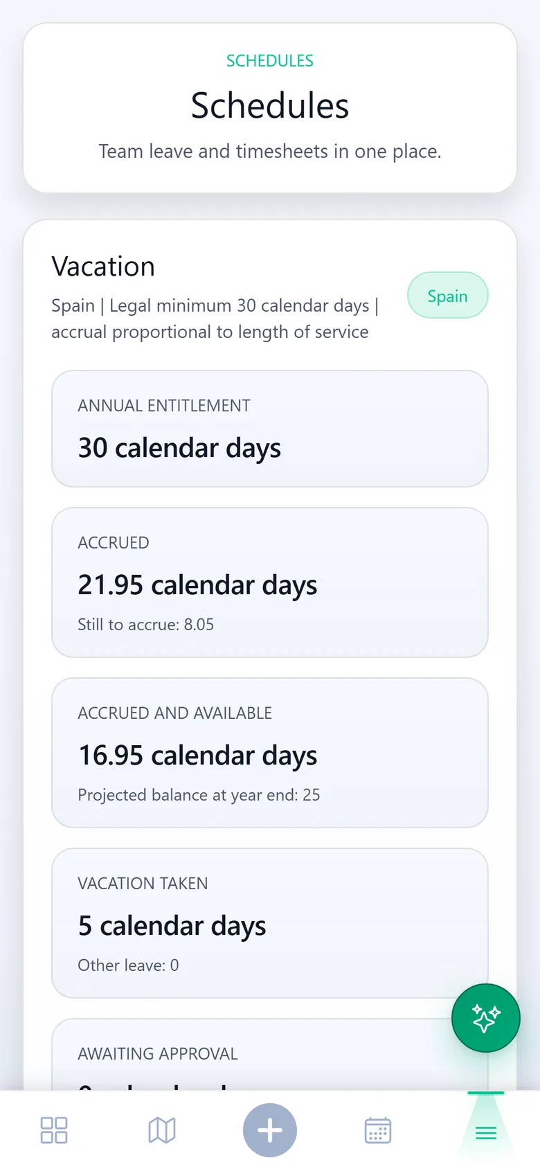 A worker’s holiday balance on a phone: annual entitlement, days accrued, days available and the projected balance at year end