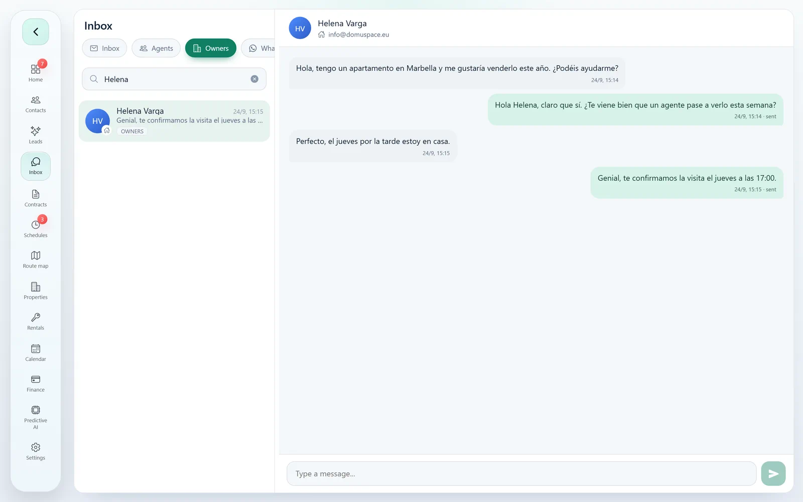 Domuspace messaging inbox filtered by owners, with a conversation between the agency and an owner who wants to sell