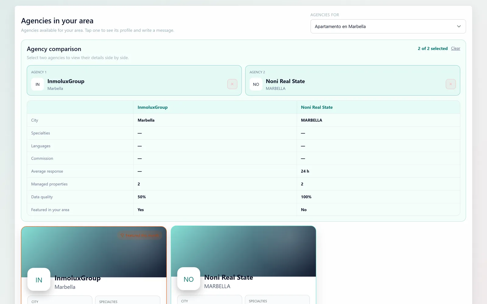 Domuspace owner portal with a comparison of the agencies in the owner’s area: two agencies side by side with their details