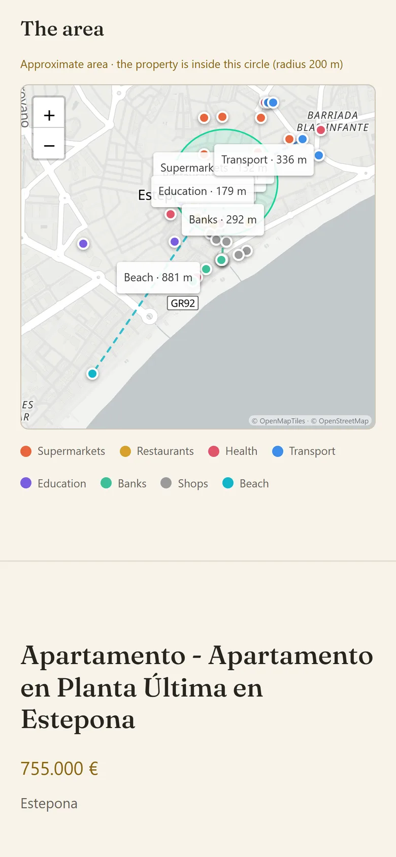 “The area” section of the dossier on a phone: the property’s approximate location and nearby places with their distance
