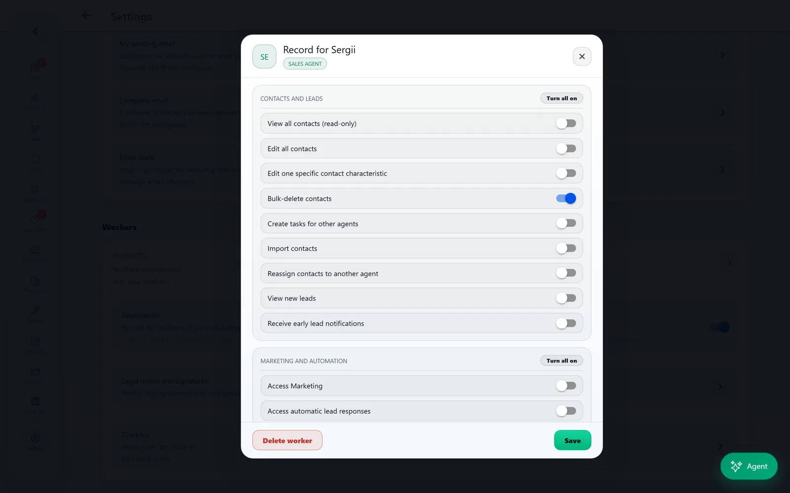 Team management in Domuspace: a worker’s record with their sales-agent role and the permissions you switch on one by one
