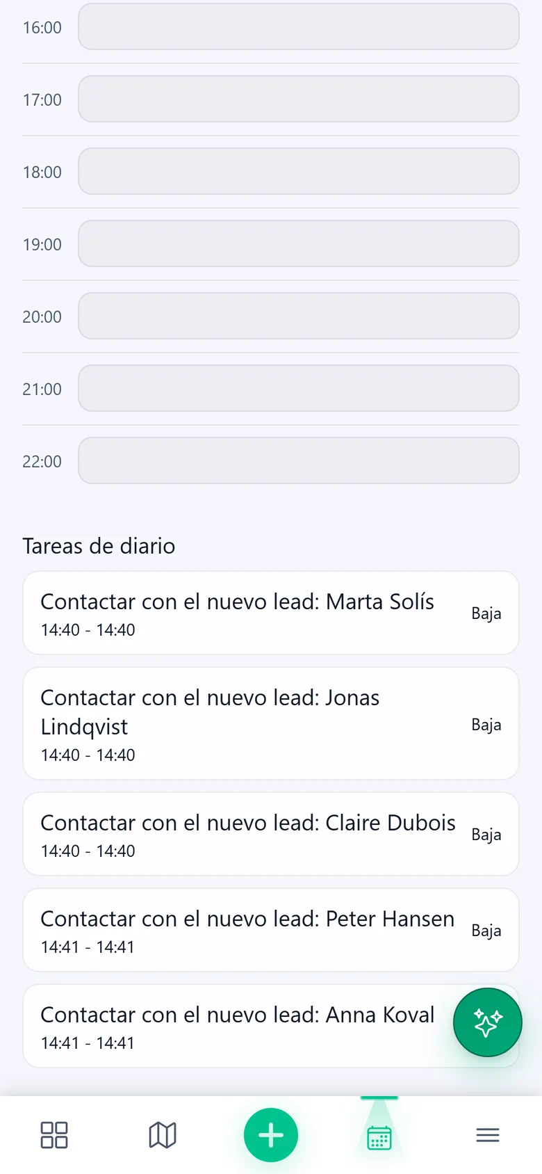 Agenda del día en el móvil, con la lista de tareas que creó la app para contactar a los leads nuevos