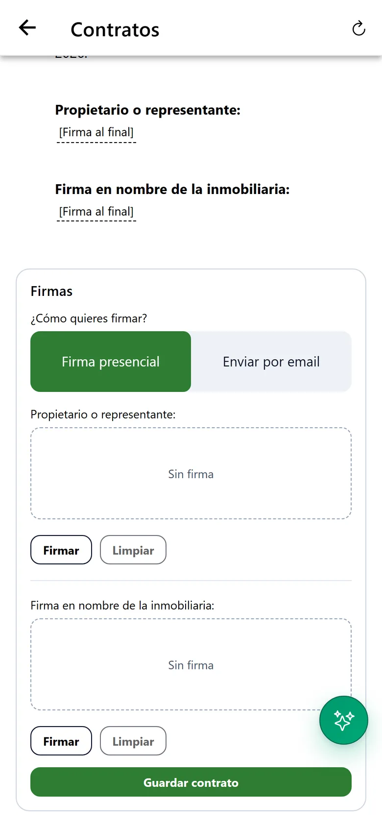 Firma presencial de un contrato en el móvil, con los recuadros para la firma del propietario y de la inmobiliaria y el botón para guardarlo