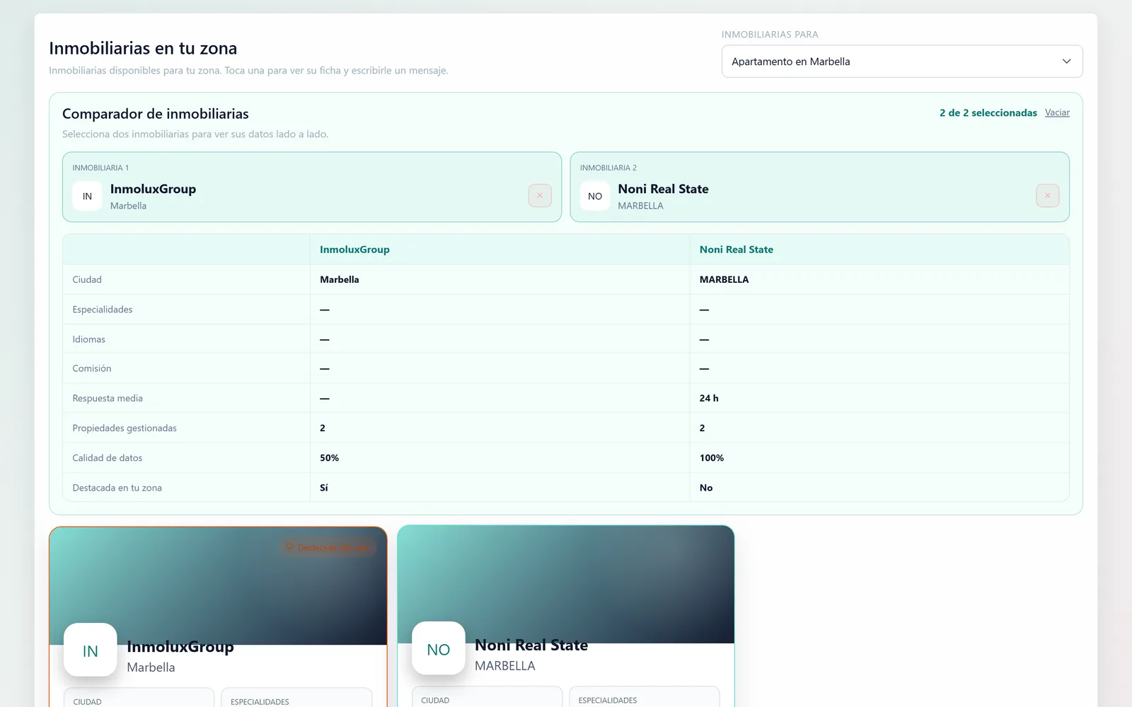 Portal del propietario de Domuspace con el comparador de las inmobiliarias de su zona: dos agencias lado a lado con sus datos