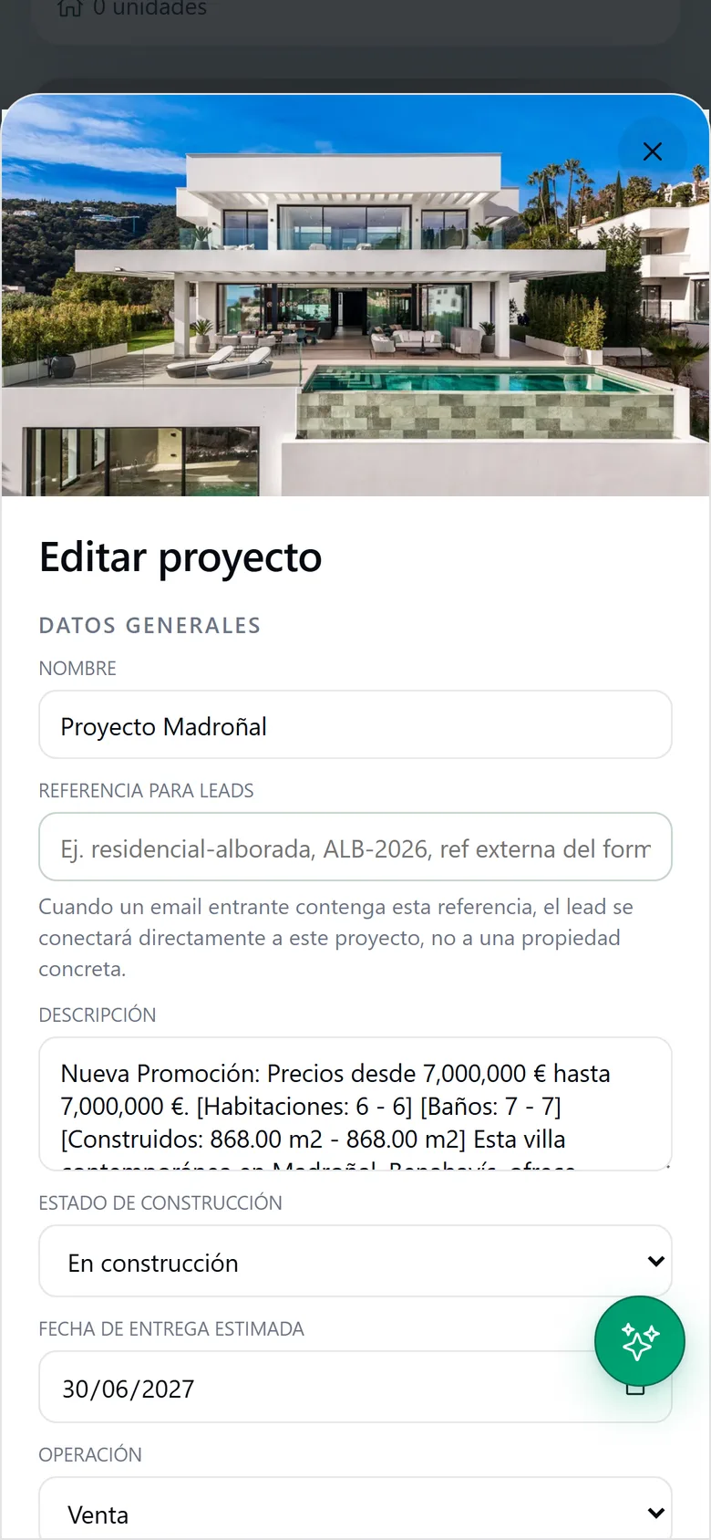Ficha de un proyecto de obra nueva en el móvil, con la foto de portada, la referencia para leads, el estado de la obra y la fecha de entrega