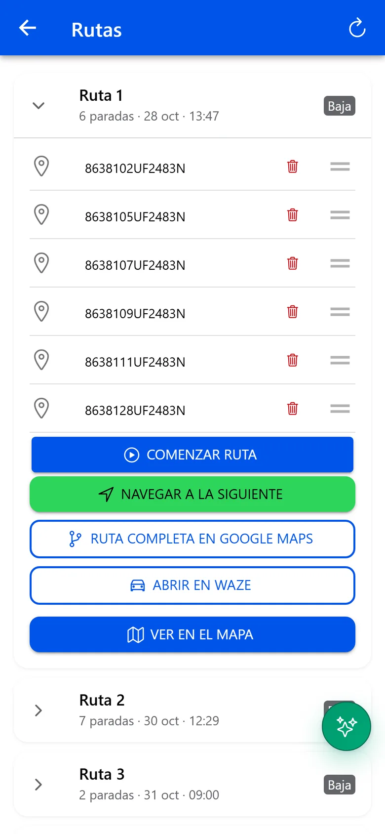 Lista de rutas en el móvil con una ruta desplegada: sus seis paradas y los botones para empezar y navegar con Google Maps o Waze