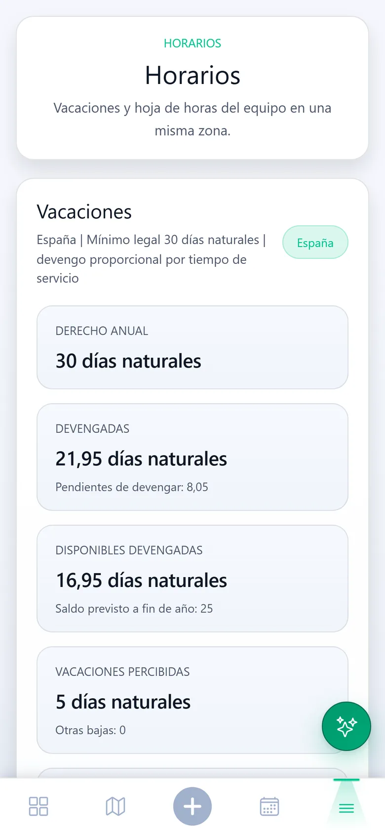 Saldo de vacaciones de un trabajador en el móvil: derecho anual, días devengados, disponibles y saldo previsto a fin de año
