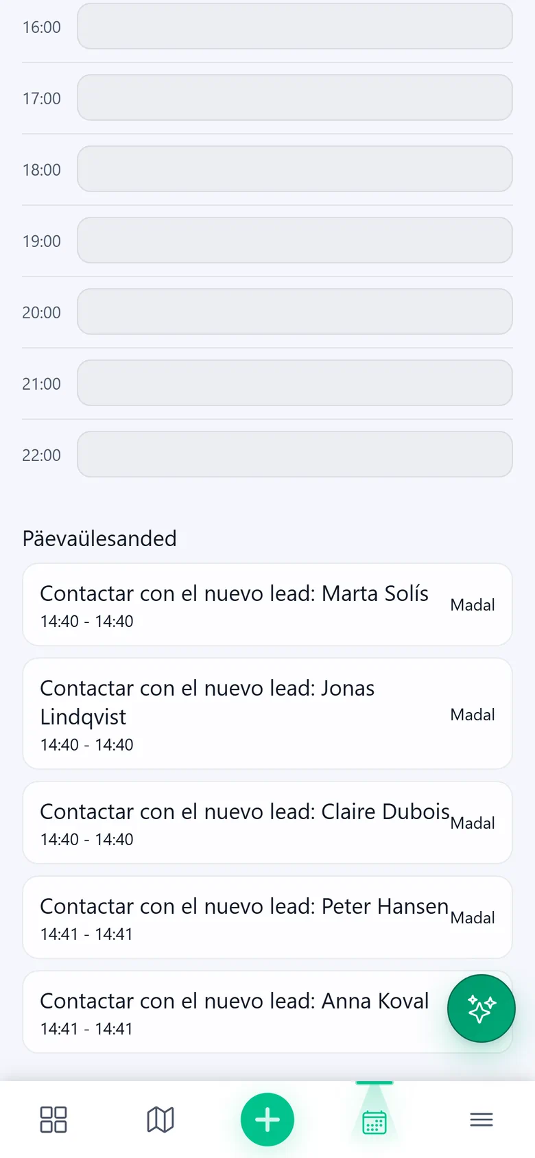 Päevakava telefonis: rakenduse loodud ülesannete nimekiri uute müügivihjetega ühendust võtmiseks