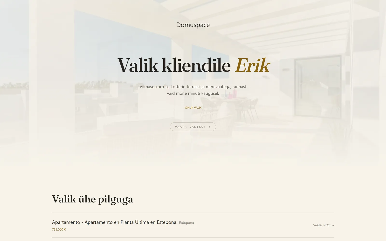 Kliendile saadetud Domuspace’i kinnisvaratoimiku kaas: kliendi nimi, maakleri märkus ja taustal objektide fotod