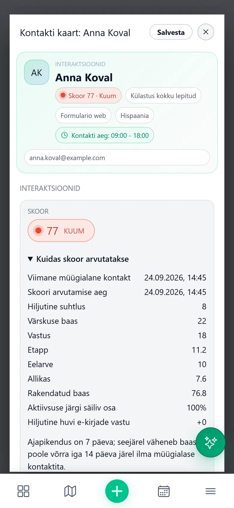 Müügivihje kaart telefonis: punktisumma „kuum“ ja selle arvutuse lahtikirjutus – hiljutine tegevus, vastamine, etapp, eelarve ja allikas