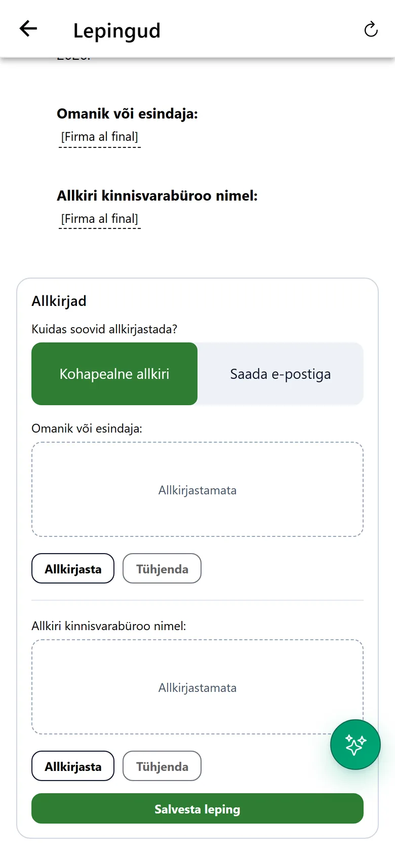 Lepingu allkirjastamine kohapeal telefonis: väljad omaniku ja kinnisvarabüroo allkirja jaoks ning nupp lepingu salvestamiseks