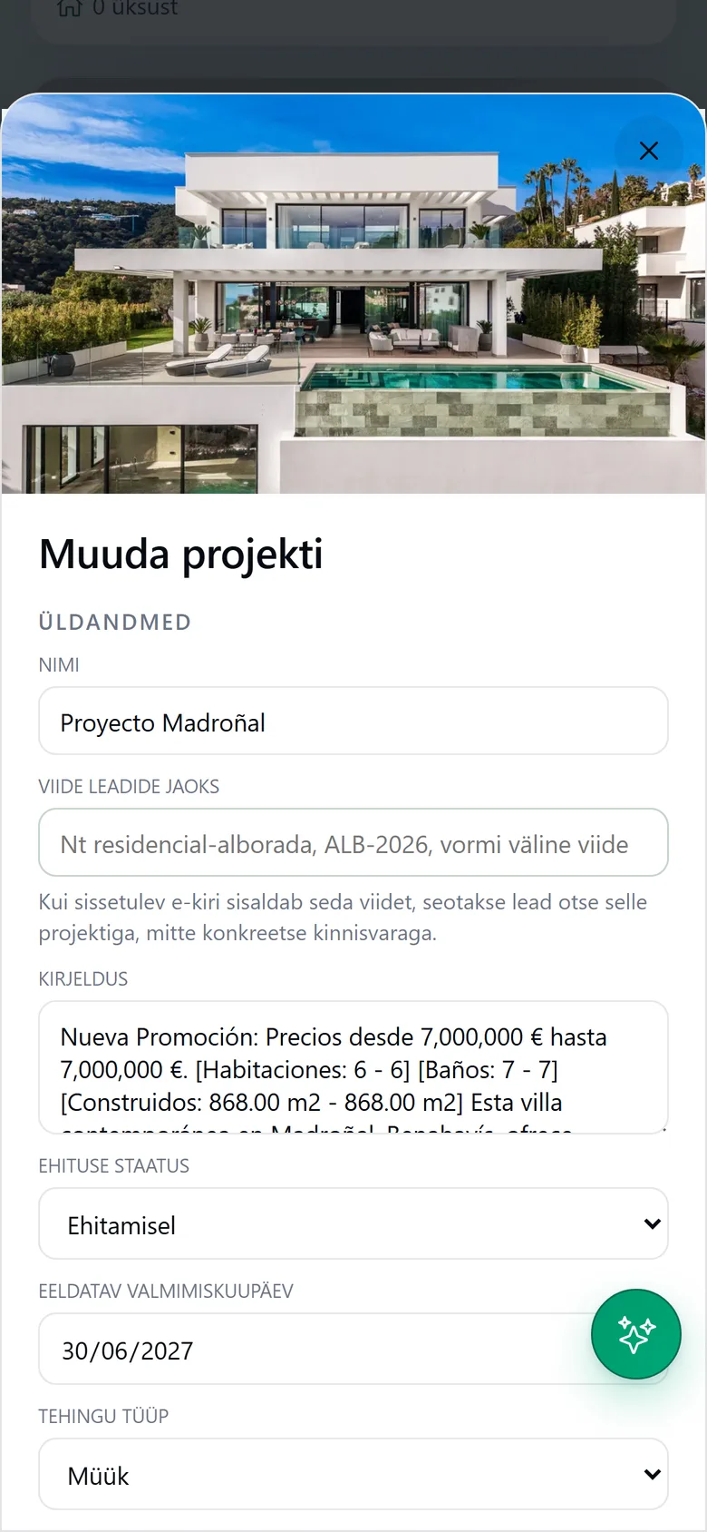 Uusarenduse projekt telefonis: kaanefoto, müügivihjete viide, ehituse staatus ja eeldatav valmimiskuupäev